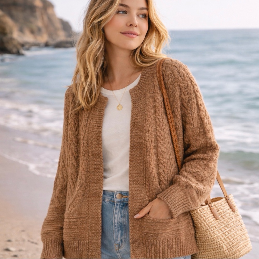 Lucky Brand Oversized Cable Knit Cardigan XS Brown Tan Cotton Blend Cozy